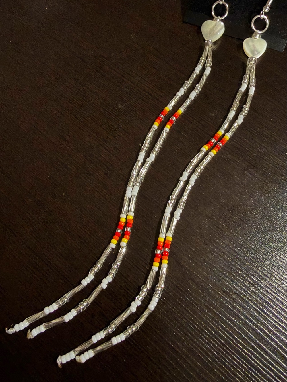 Long Beaded Dangle Earrings with Red and Yellow Accents